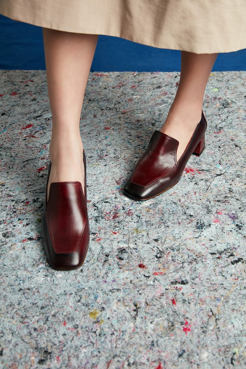 HTHREE 4.6方头乐福跟鞋/ 枣红/ Square Toe Loafers Heels - 女款牛津鞋/乐福鞋 - 真皮 红色