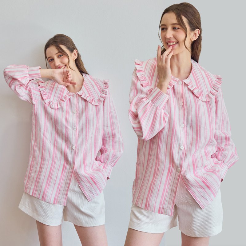 BIRUCHU 条纹粉色顶级亚麻大翻领衬衫：棉麻长袖衬衫 - 女装衬衫 - 亚麻 粉红色