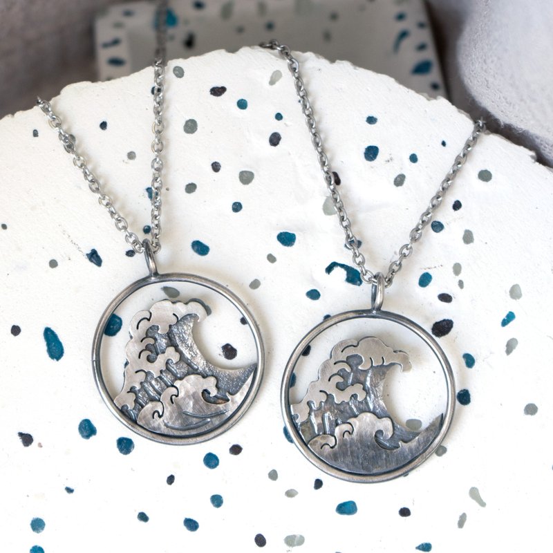 订制【M&R】浮世绘海浪搭配不锈钢链 - 项链 - 纯银 银色