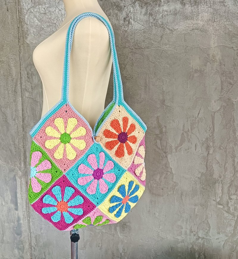 水洗棉绳钩针编织包 Granny Square 花朵造型 - 手提包/手提袋 - 棉．麻 