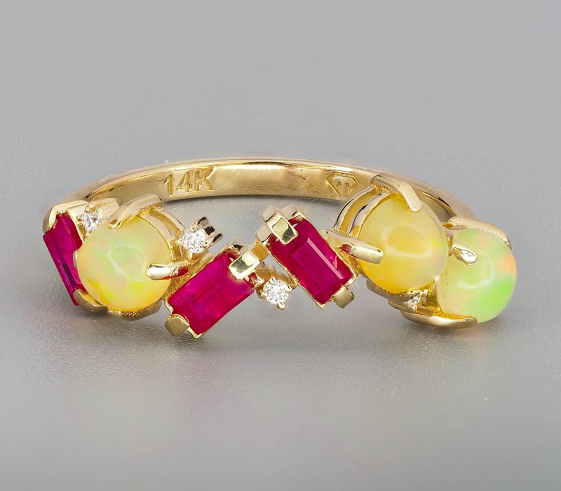 Natural rubies, opals and diamonds ring - 戒指 - 贵金属 金色