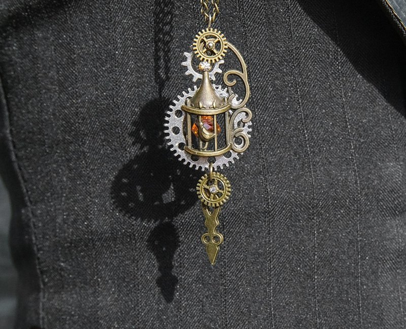 蒸汽朋克 手工复古 古铜 金属小鸟毛衣链 时钟鸟笼 吊坠项链 - 项链 - 铝合金 咖啡色