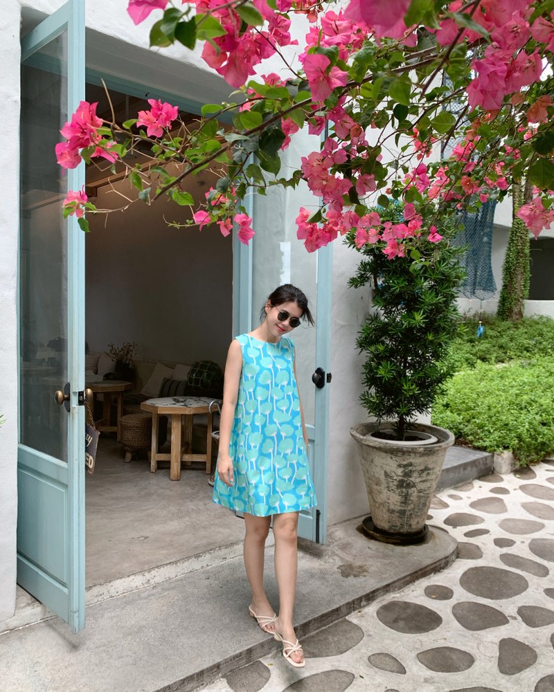 BIRUCHU A-LINE LINEN DRESS - Nemophila 蓝色亚麻棉麻洋装 - 洋装/连衣裙 - 亚麻 蓝色