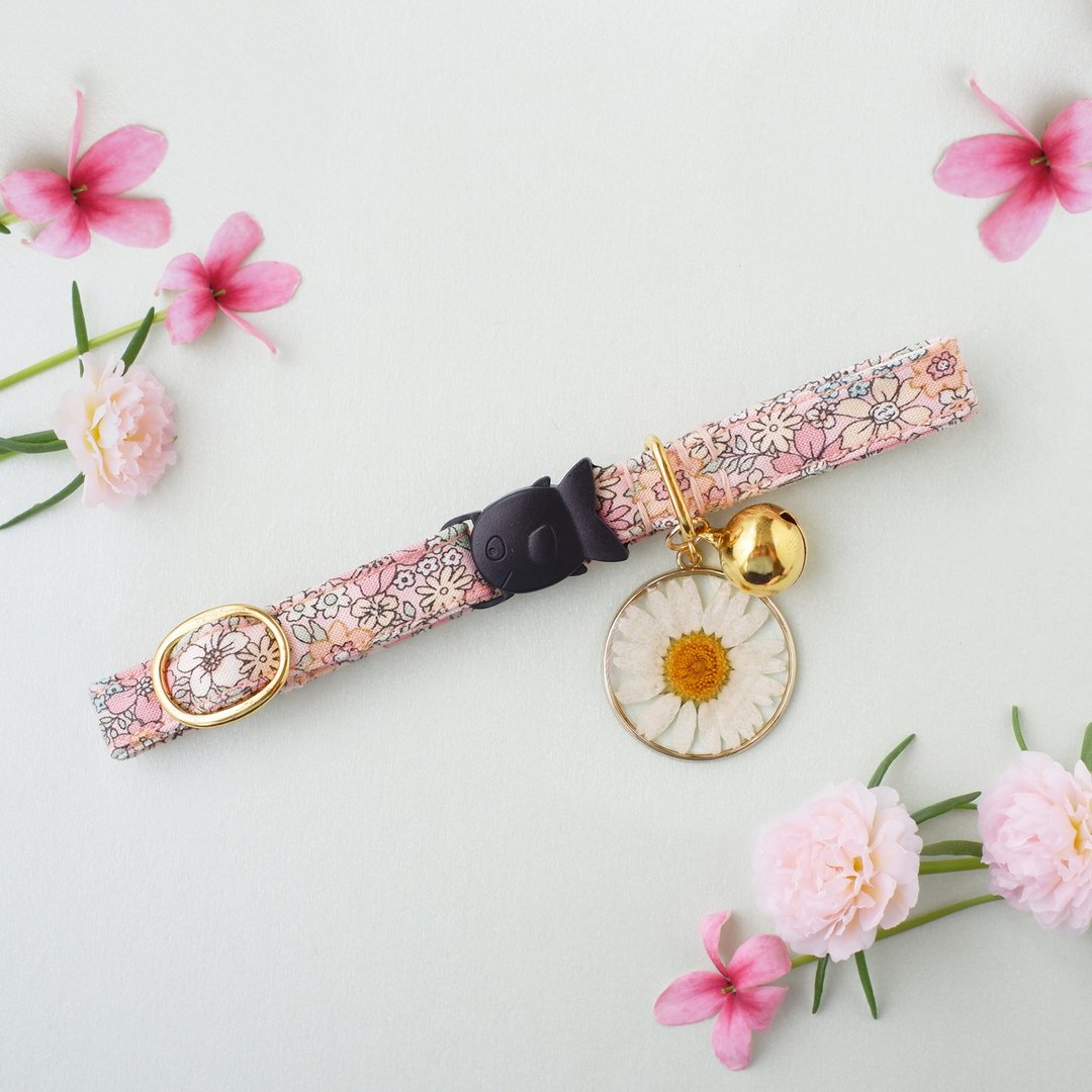 MINI MALA : Peachii - Peachii :  breakaway cat collar with resin flower charm - 项圈/牵绳 - 棉．麻 粉红色