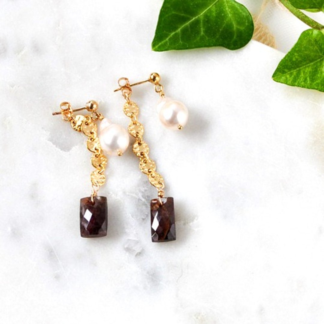 Brown Sapphire x Akoya Baroque Pearl Stud 2WAY Stud 2WAY Earrings 14Kgf - 耳环/耳夹 - 宝石 