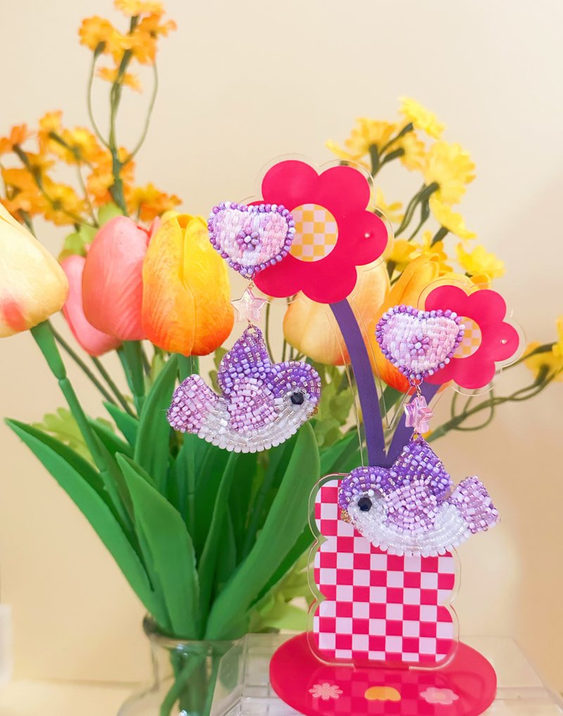 宝鹃紫色珠绣配心心耳环 - 耳环/耳夹 - 绣线 紫色