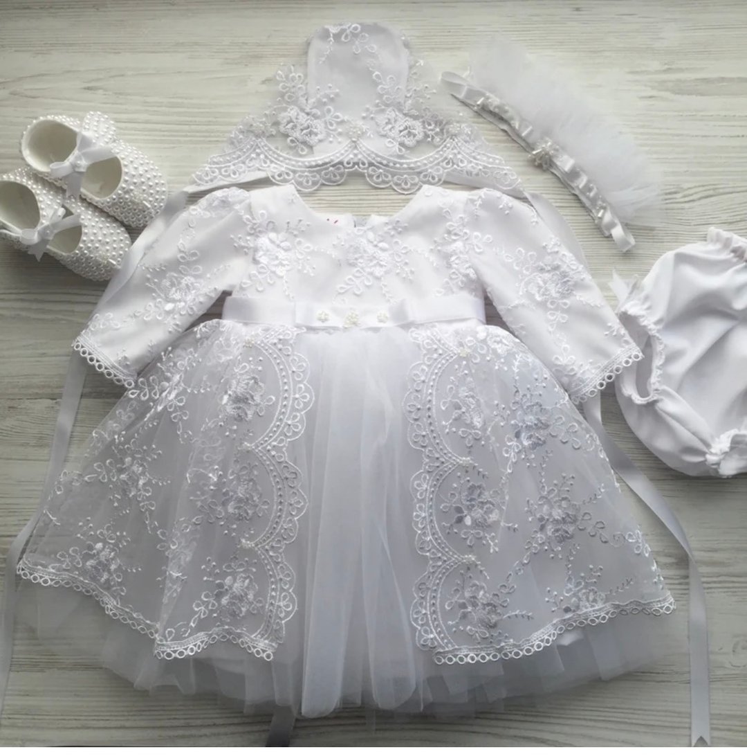 White dress with lace and pearls, bonnet, headband, panties and shoes for baby . - 童装礼服/连衣裙 - 其他材质 白色