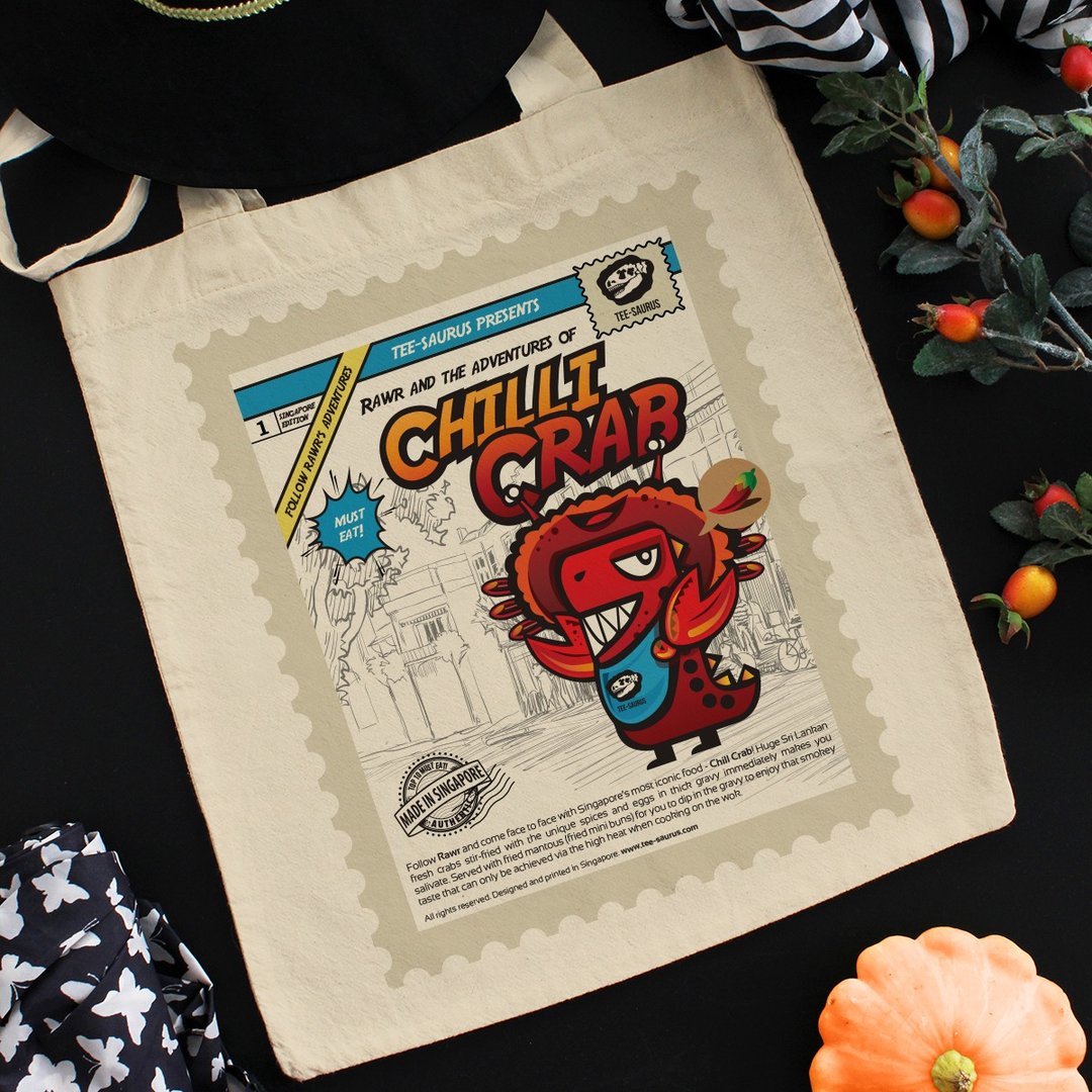 Tee-Saurus Happy Totes - Singapore Chilli Crab Cotton Tote Bag - 手提包/手提袋 - 棉 