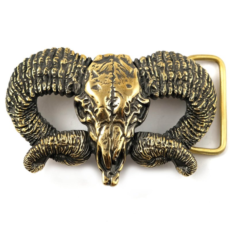 Ram skull solid brass belt buckle, Mouflon american western belt accessory - 皮带/腰带 - 其他材质 金色