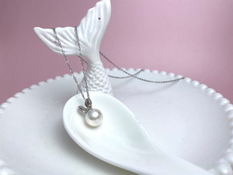 兔耳 天然淡水珍珠 正圆强光 炫彩 纯银 吊坠 赠项链 - 项链 - 珍珠 白色