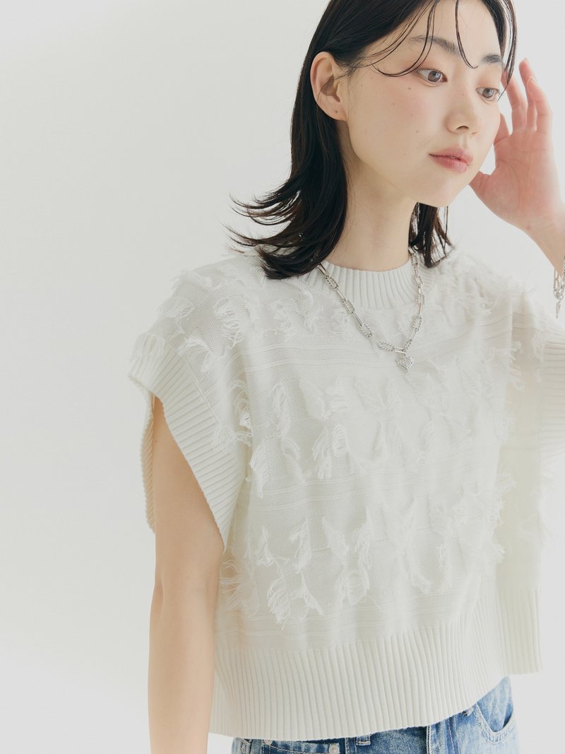 SEQUI HIBI 须边感罗纹绑带针织背心－中白色 - 女装背心 - 聚酯纤维 白色
