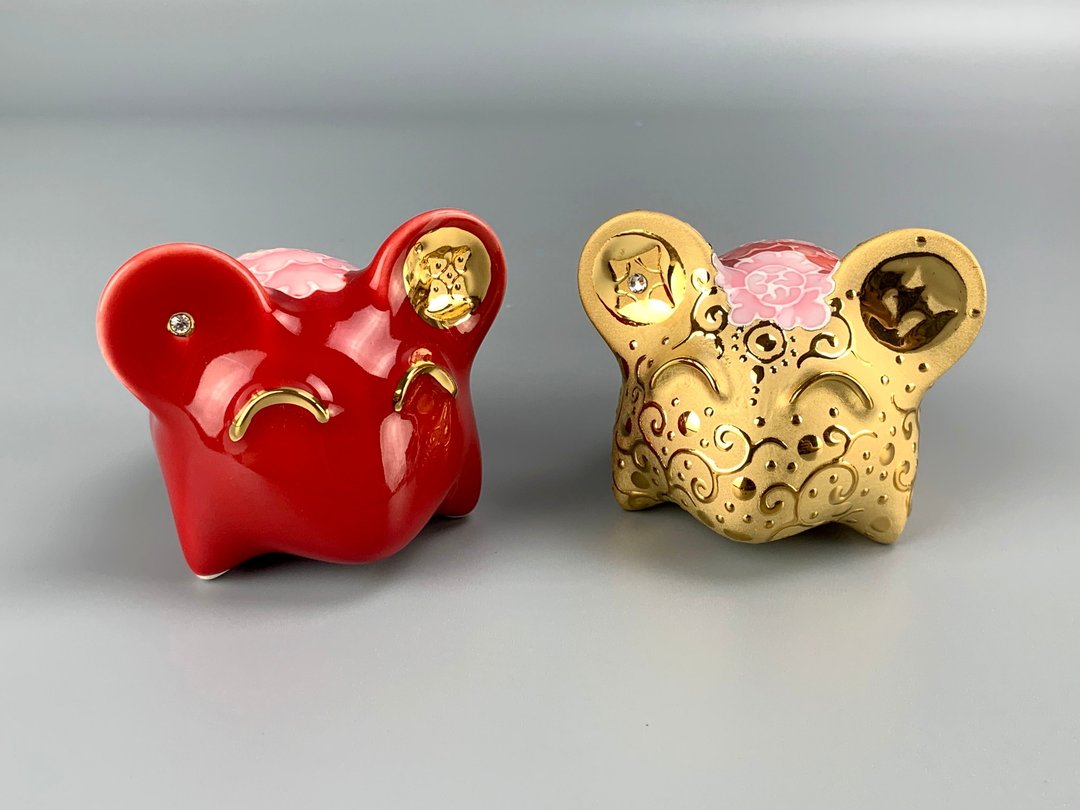龙珥X张美云  鎏金牡丹钻钱鼠  有两款 - 摆饰 - 瓷 金色