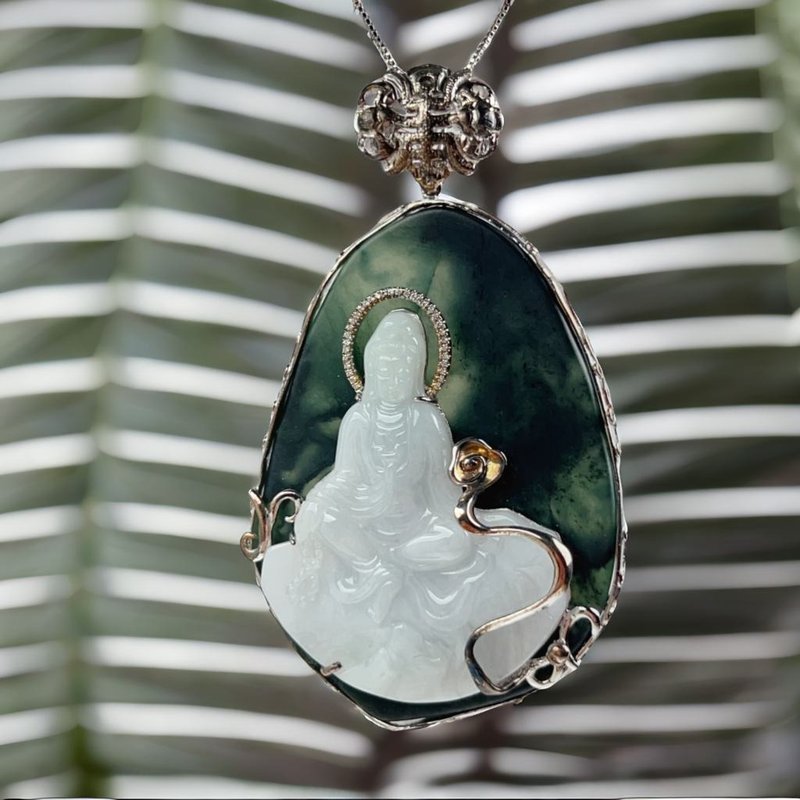 白翡翡翠自在观音菩萨项链 925纯银 | 天然缅甸玉翡翠A货 |  送礼 - 项链 - 玉石 白色