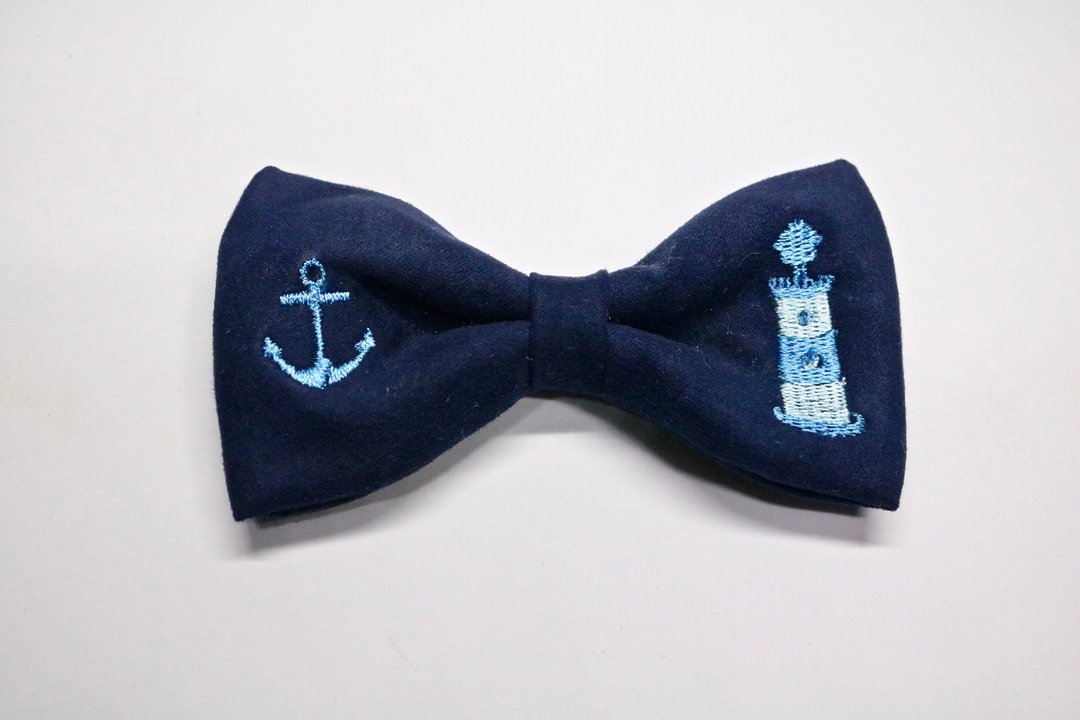 藍色燈塔船錨刺繡領結/學院風百搭蝴蝶結 - 领结/领巾 - 棉 蓝色