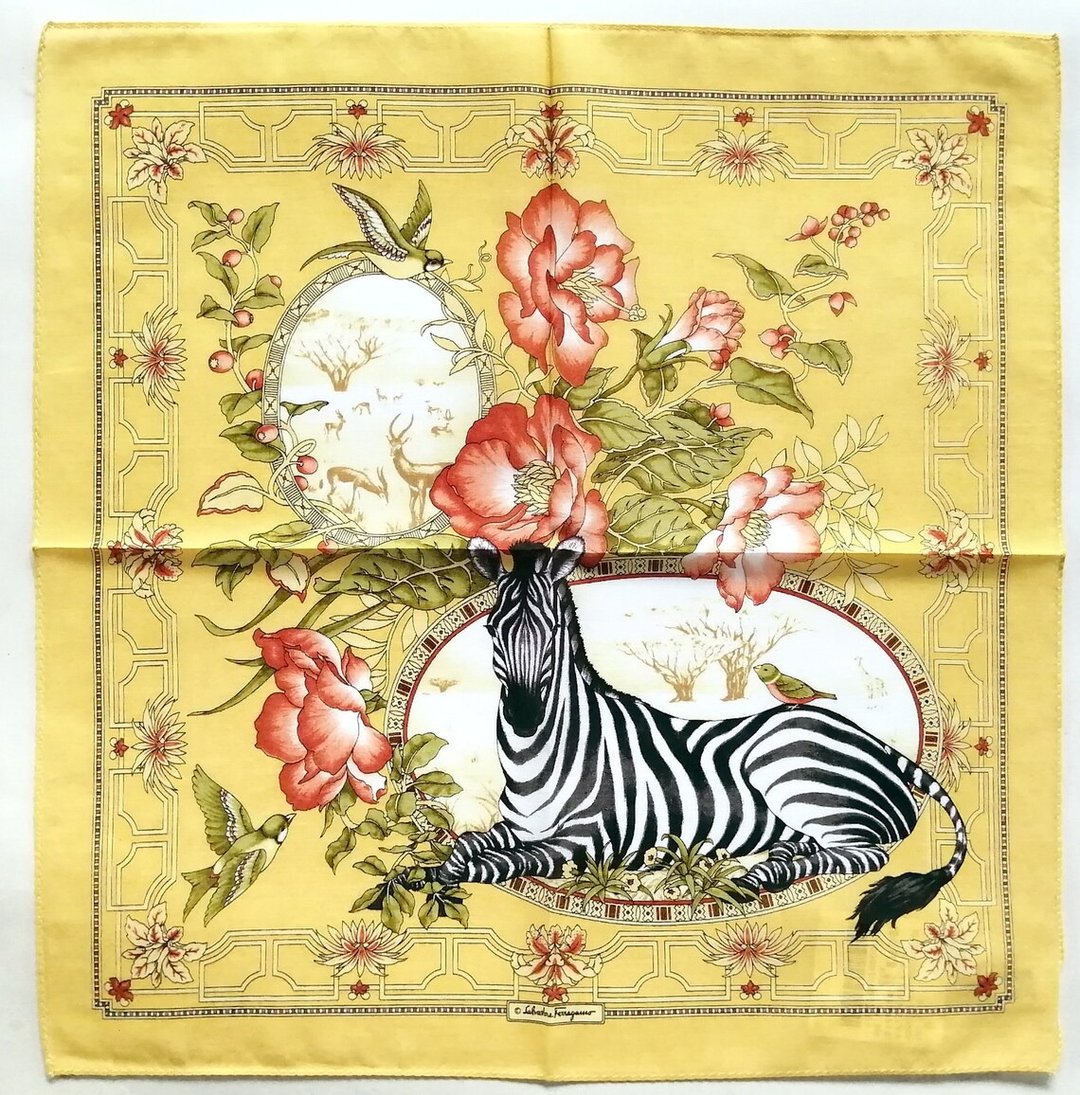 Salvatore Ferragamo Vintage Handkerchief Zebra Rare! Collection 17 x 17 inches - 丝巾 - 棉 黄色