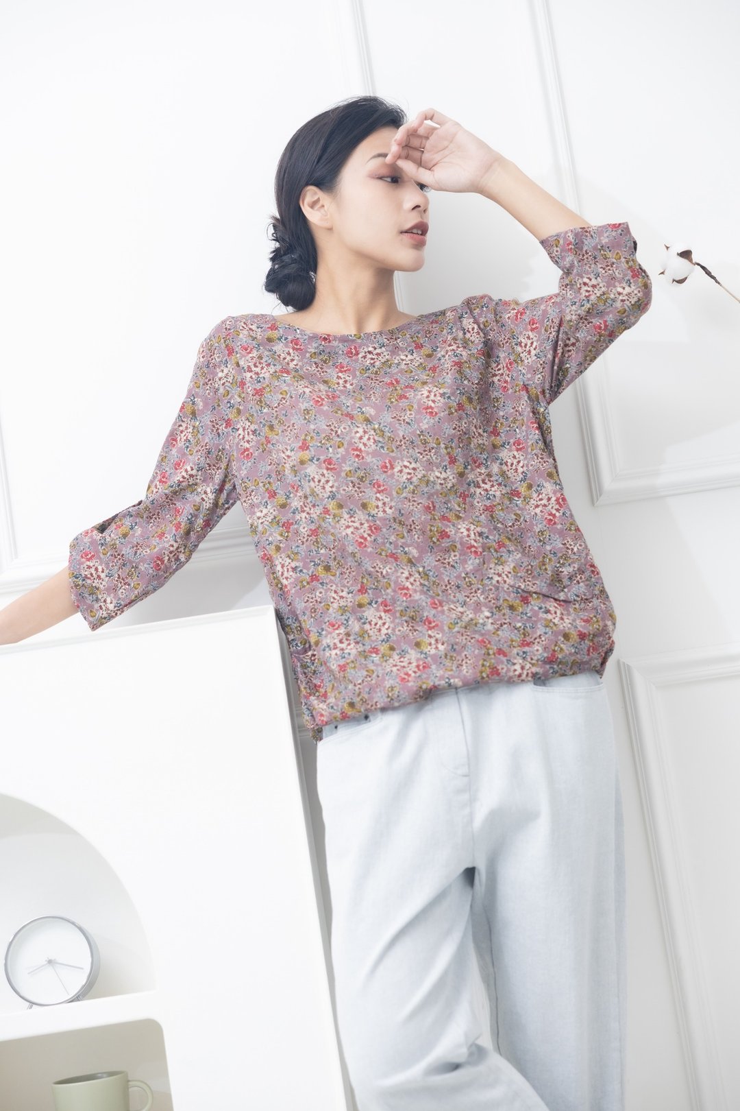 小碎花红白绿小花绿叶七分袖上衣  葡萄紫色 - 女装上衣 - 其他材质 紫色