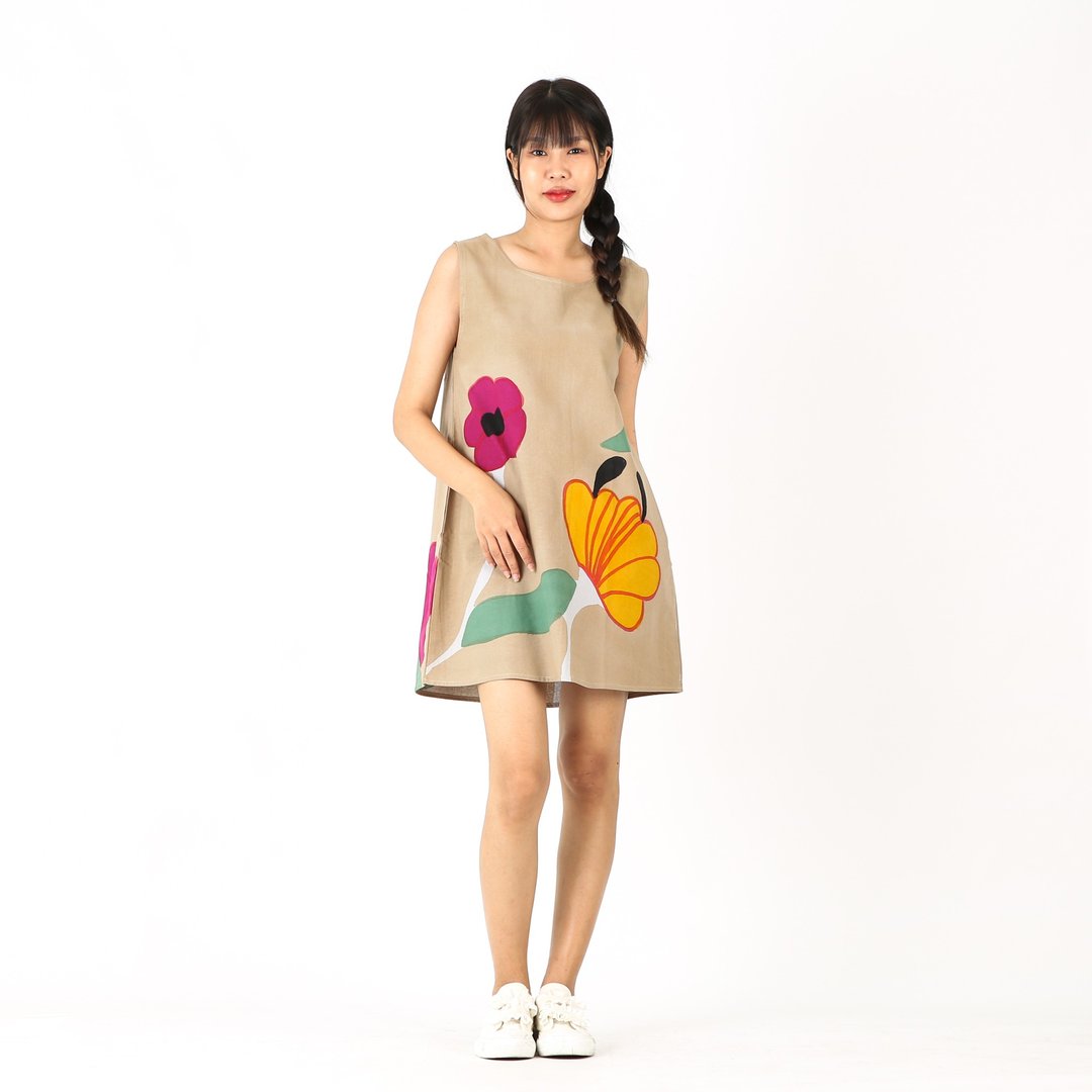 Short Dress Linen Hand Paint - 洋装/连衣裙 - 棉．麻 卡其色