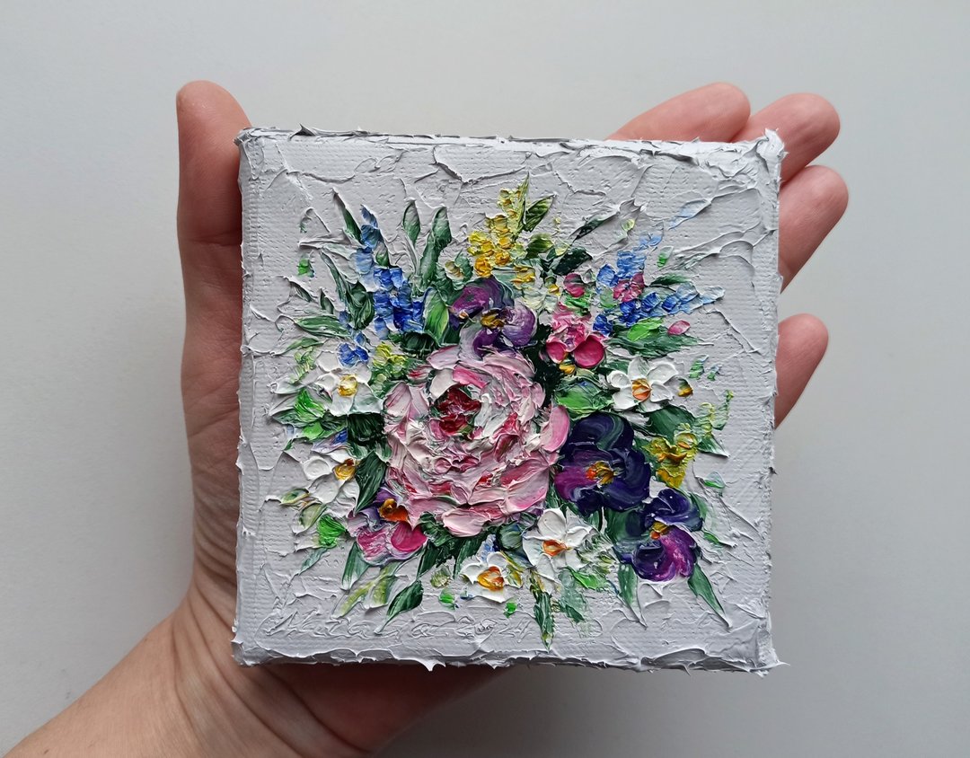 花束迷你油画厚涂画布 - 独特的礼物 - 墙贴/壁贴 - 棉 粉红色