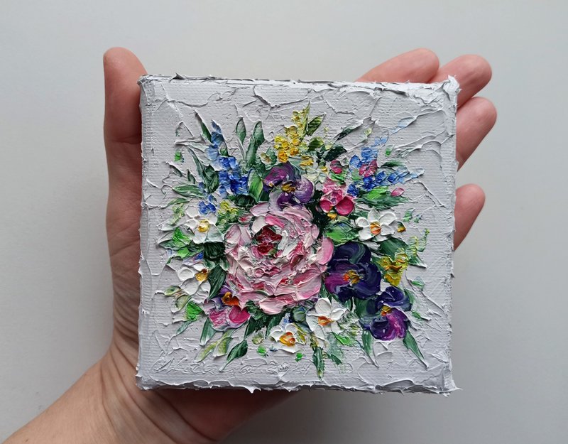 花束迷你油画厚涂画布 - 独特的礼物 - 墙贴/壁贴 - 棉．麻 粉红色