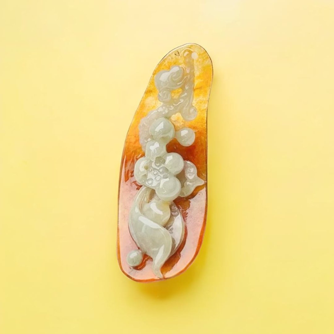 冰种红翡白肉巧雕花开富贵项链 | 天然缅甸玉A货翡翠 | 送礼 - 吊饰 - 玉石 多色