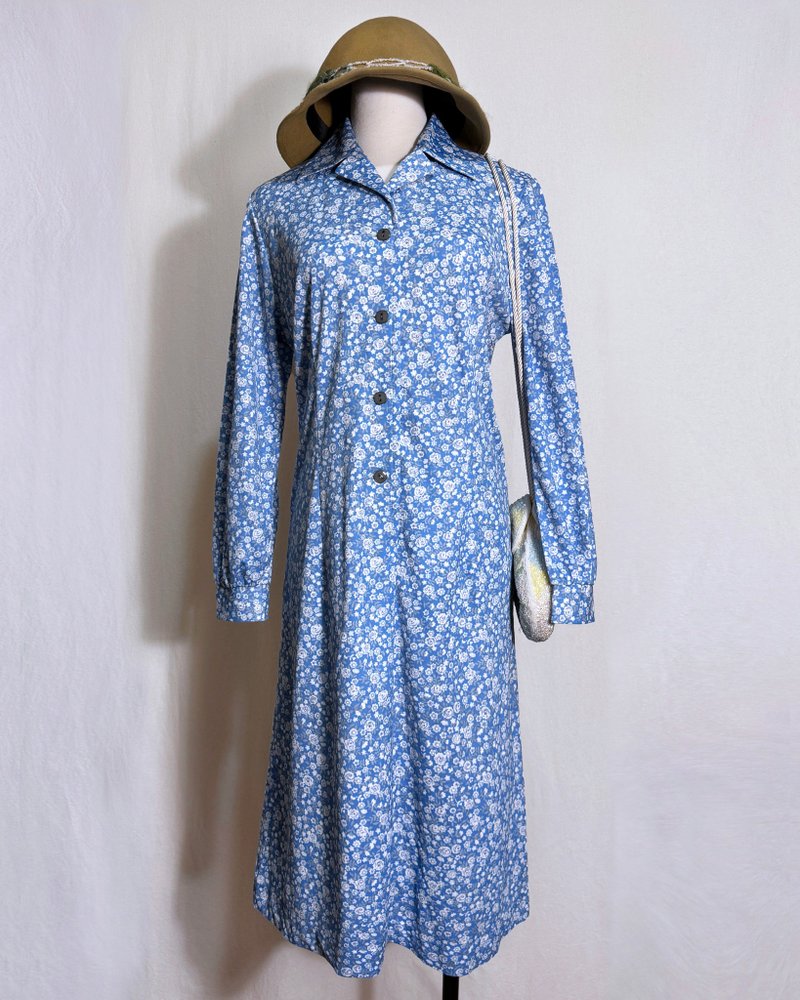 蓝色花朵长袖古着洋装/ 国外带回 VINTAGE - 洋装/连衣裙 - 聚酯纤维 蓝色