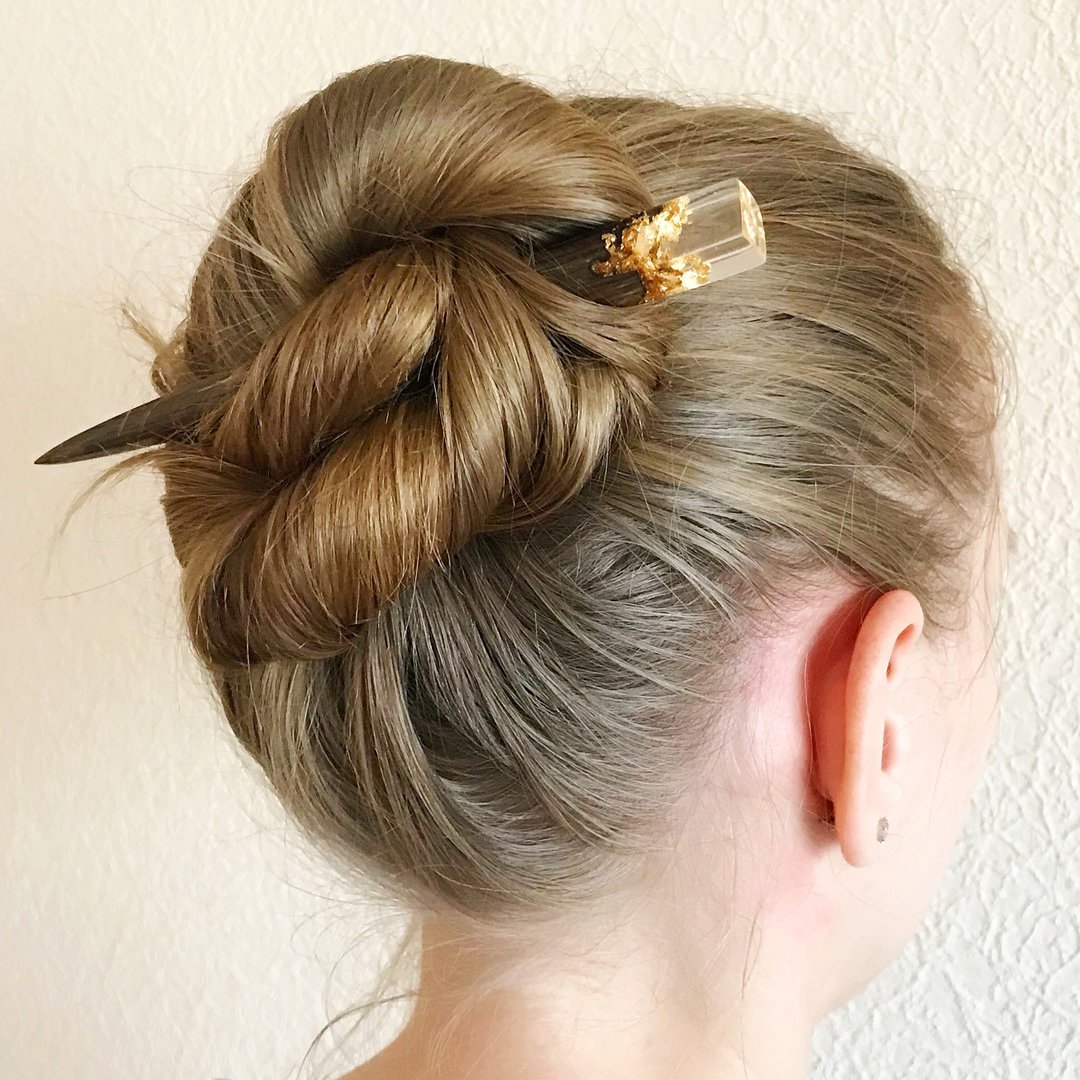 Minimalist hair stick, Wooden hair pin with resin and gold leaf, Hair Accessorie - 发饰 - 木头 咖啡色