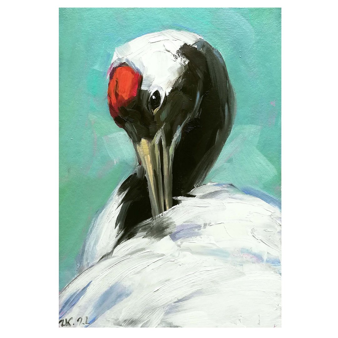 Bird Painting Japanese Crane Art Original Oil Painting Animal Wall Art - 海报/装饰画/版画 - 其他材质 多色