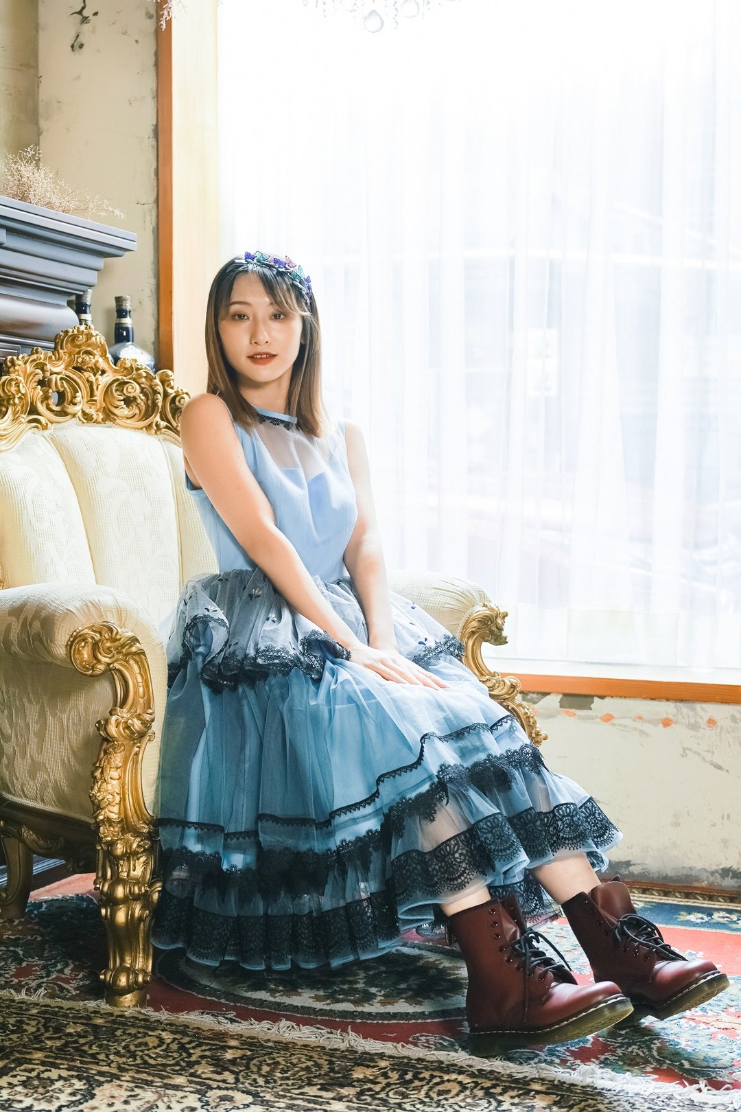 马克是海洋女孩  蓝色蛋糕裙层层蕾丝洋装 - 洋装/连衣裙 - 棉 蓝色