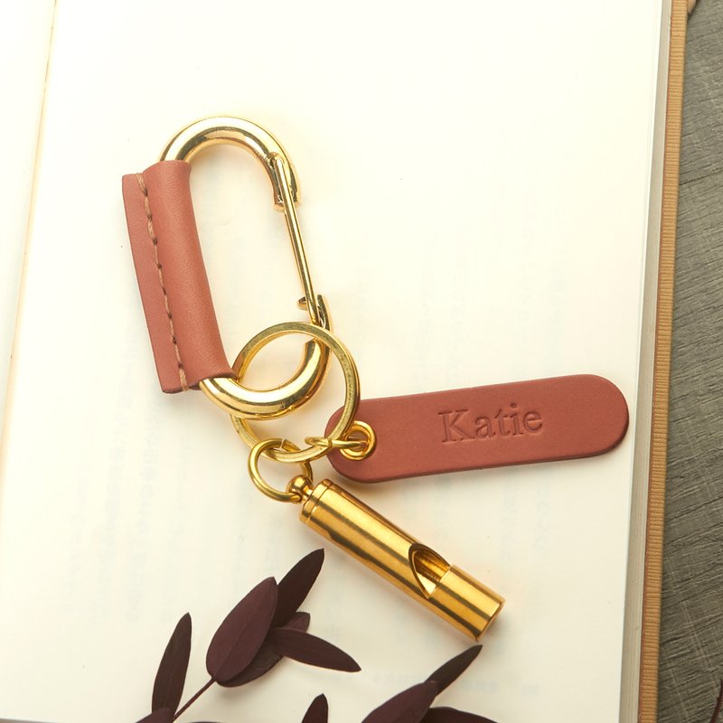 皮革包裹黄铜登山扣夹. 带哨子钥匙扣 - 钥匙链/钥匙包 - 真皮 咖啡色