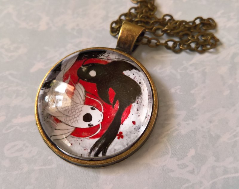 Necklace Tui and La Pendant Yin and Yang Two fish and red sun Handmade Jewelry - 项链 - 其他金属 