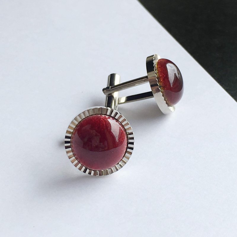 Diamond cut [Garnet] cloisonne cufflinks cufflinks sterling silver cloisonne - 袖扣 - 其他材质 红色