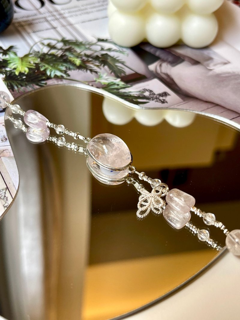 高冰透粉雪花幽灵蛋面魔盒拉丝紫锂辉纯银手链 - 手链/手环 - 水晶 粉红色