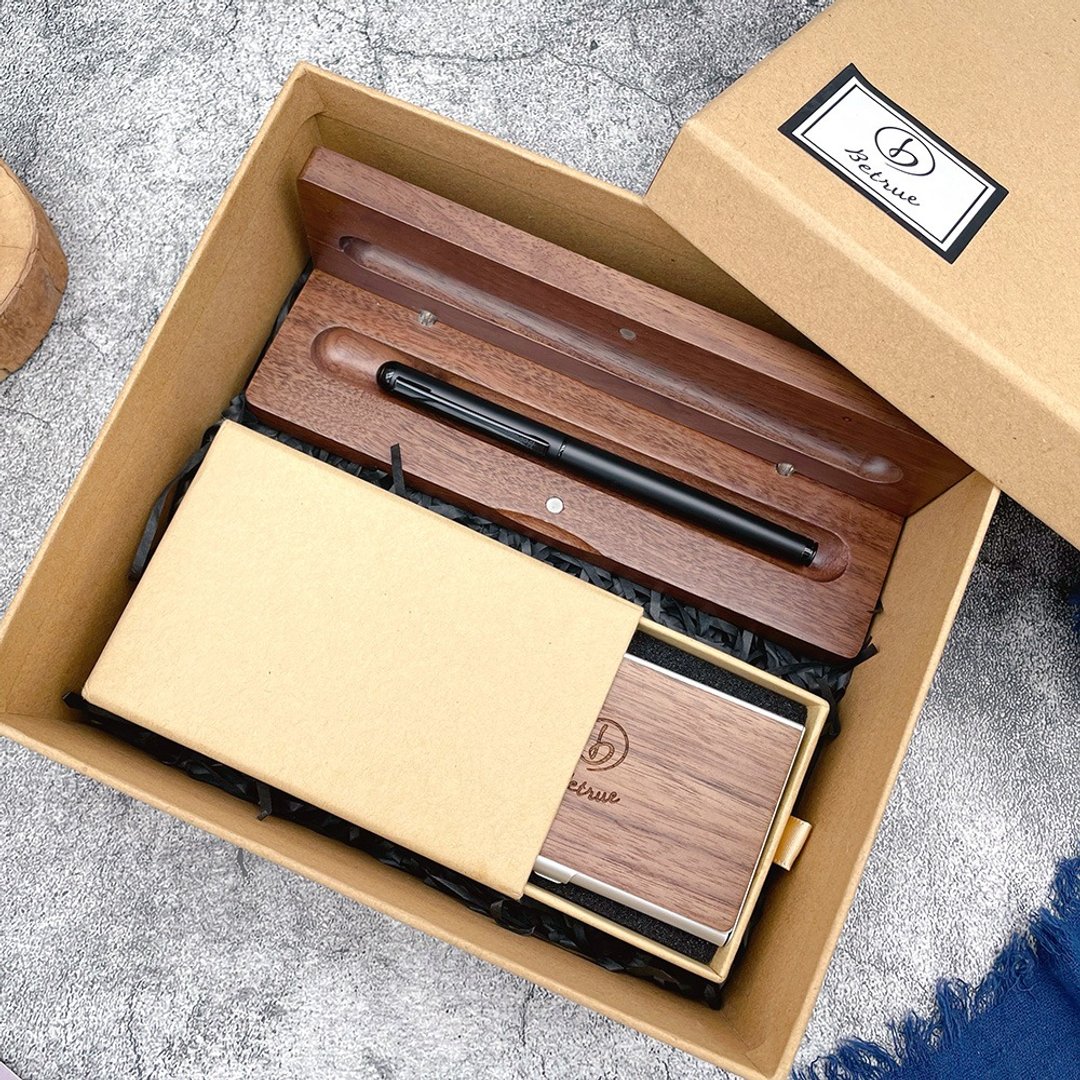 【快速定制_开学礼物】赠刻字_品初_木忘初心钢笔礼盒 + 名片盒 - 钢笔 - 木头 黑色