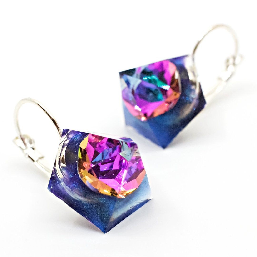 Pentagon hook earrings (flying saucer) - 耳环/耳夹 - 树脂 蓝色