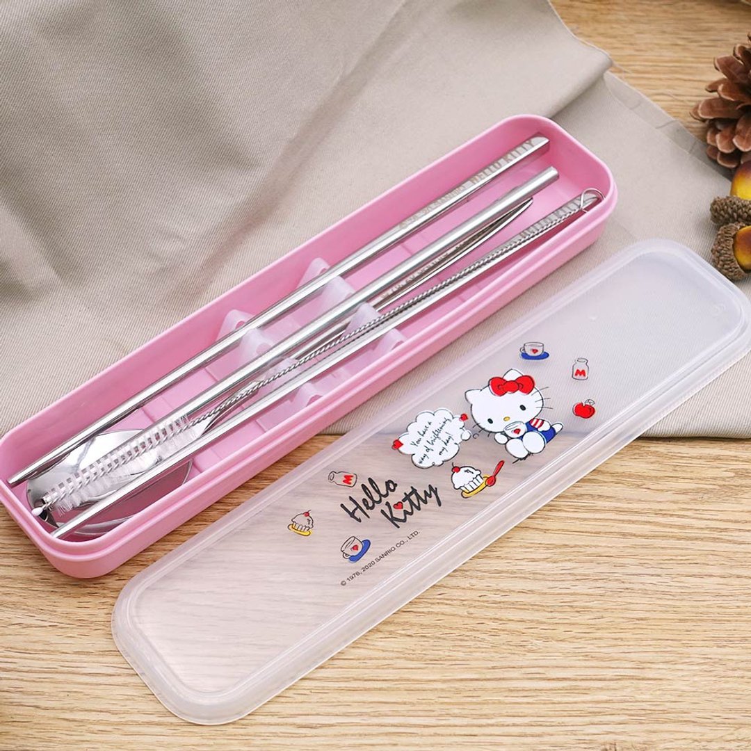 Hello kitty 质感随身餐具5件组-午茶款 两款任选 - 筷子/筷架 - 不锈钢 粉红色