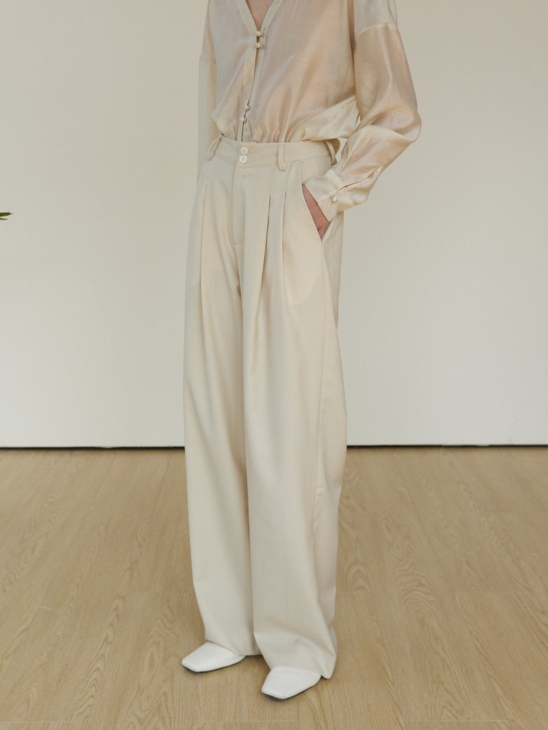 奶油杏色 精纺羊毛 3色 褶皱休闲直筒心机西装裤 版型显瘦绝绝子 - 女装长裤 - 羊毛 卡其色