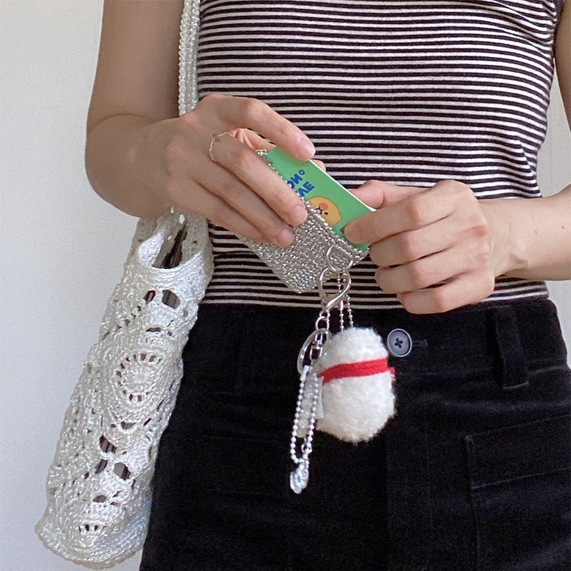 闪耀银金属钩针卡片夹 ( 附钥匙圈 ) - 皮夹/钱包 - 聚酯纤维 银色