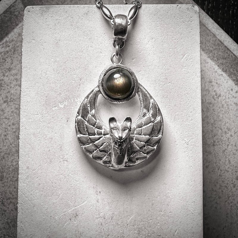 9mm+黑太阳 埃及猫神银制吊坠 - 项链 - 纯银 