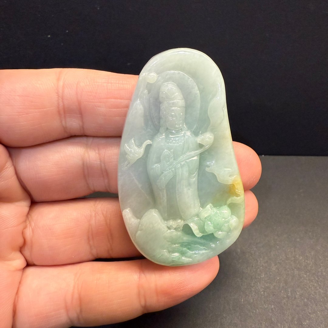 瀚玉珠宝 年终特价出清 天然缅甸翡翠 三彩观音牌 黄加绿 - 其他 - 玉石 