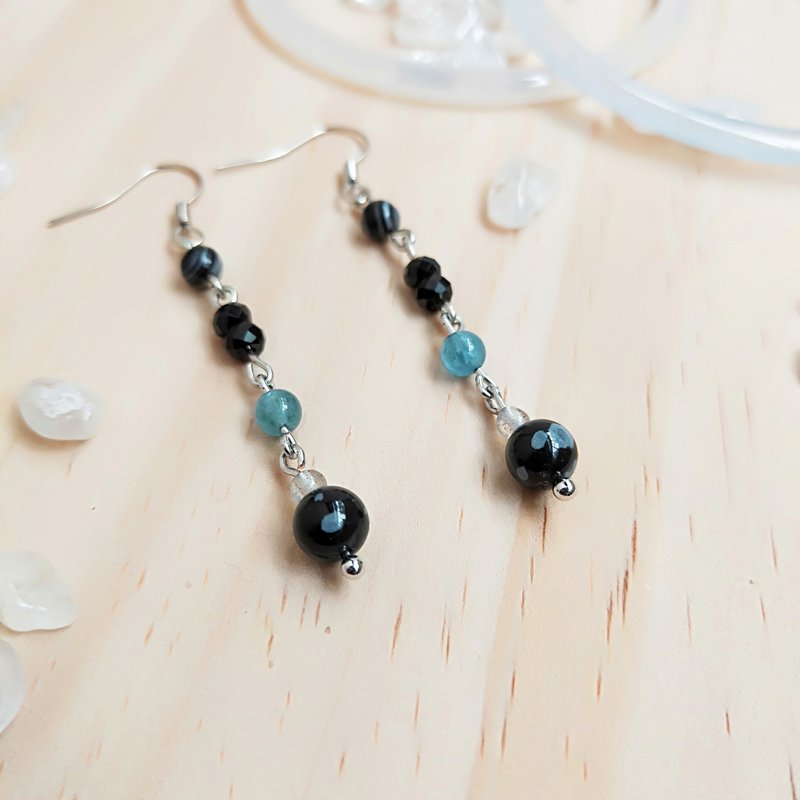 J013-天然石珠串耳环 夜色 - 耳环/耳夹 - 半宝石 黑色