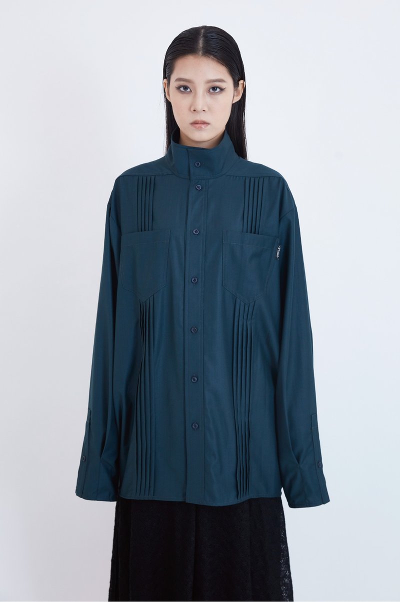 立领锥形塔克衬衫 - 女装衬衫 - 聚酯纤维 绿色