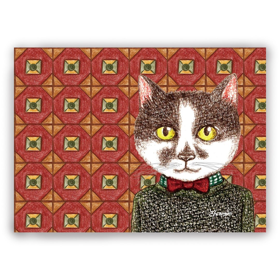手绘插画万用卡/明信片/卡片/插画卡--复古磁砖02+毛衣奔驰猫 - 卡片/明信片 - 纸 