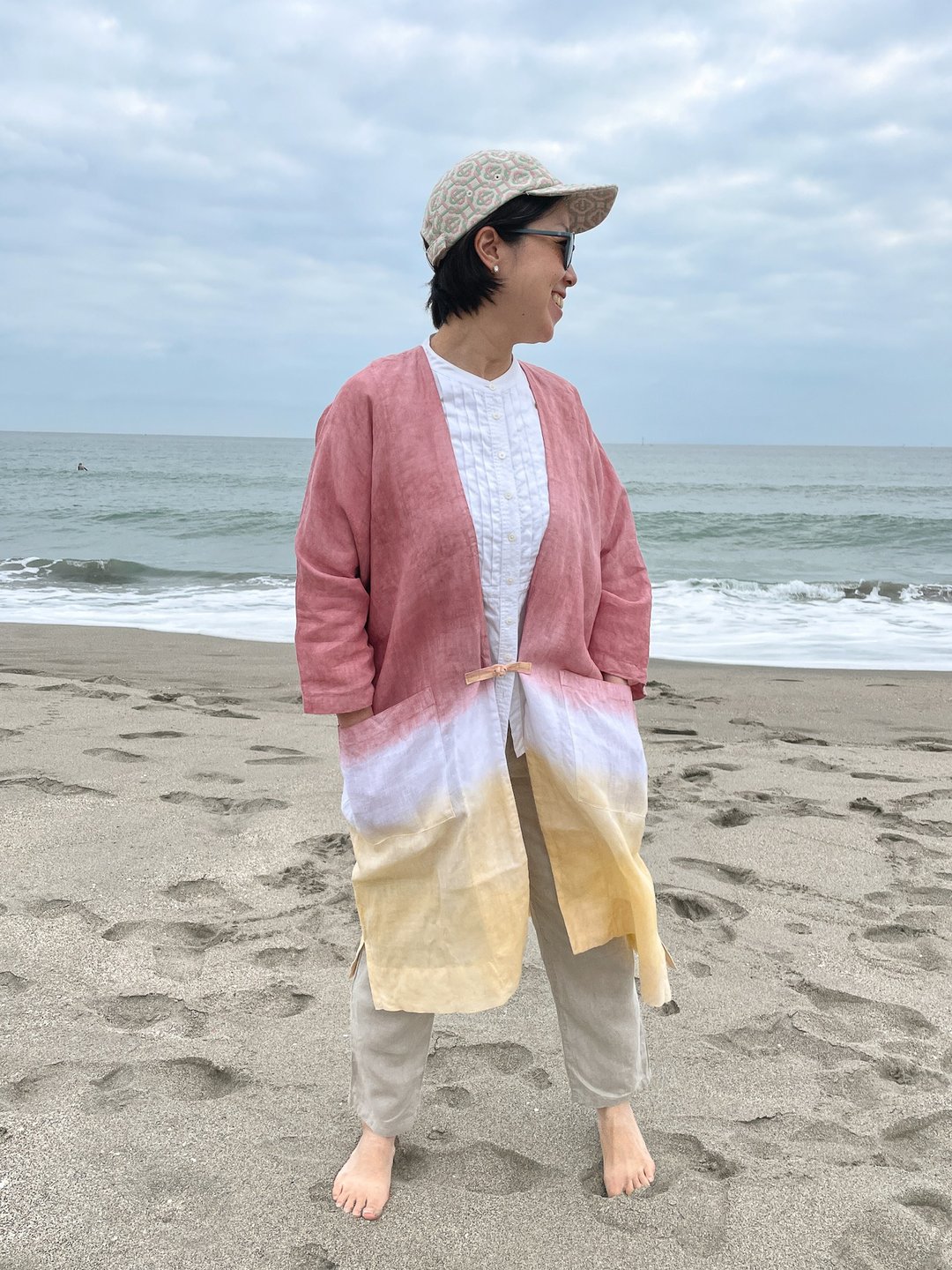 Made in Japan Hand-dyed Tropical Haori jacket Mud-dyed French Linen haori Earth color Relax resort style - 女装上衣 - 棉．麻 黄色