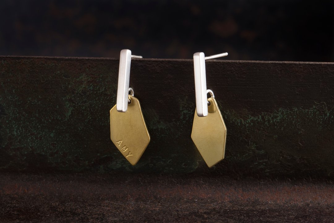 矿石 纯银拼接黄铜 耳环 Ore Earrings - 耳环/耳夹 - 铜/黄铜 金色