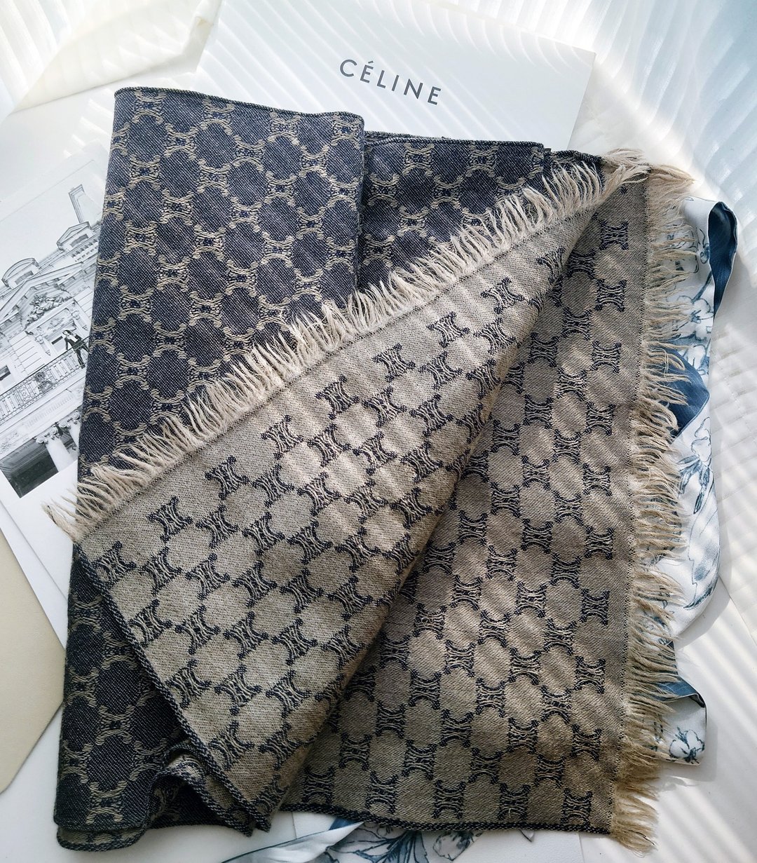 中古孤品 CELINE 老花凯旋门 羊毛 毛毯盖毯颈巾围巾领巾围脖披肩 - 围巾/披肩 - 羊毛 蓝色