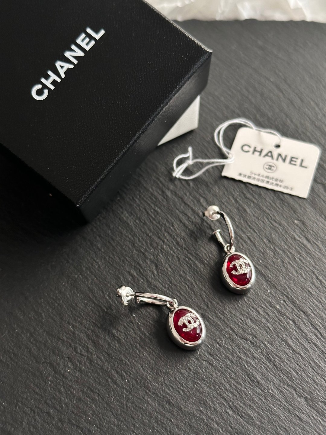 中古品 Chanel 香奈儿 红宝石冰豆CC耳钉 - 耳环/耳夹 - 其他金属 银色