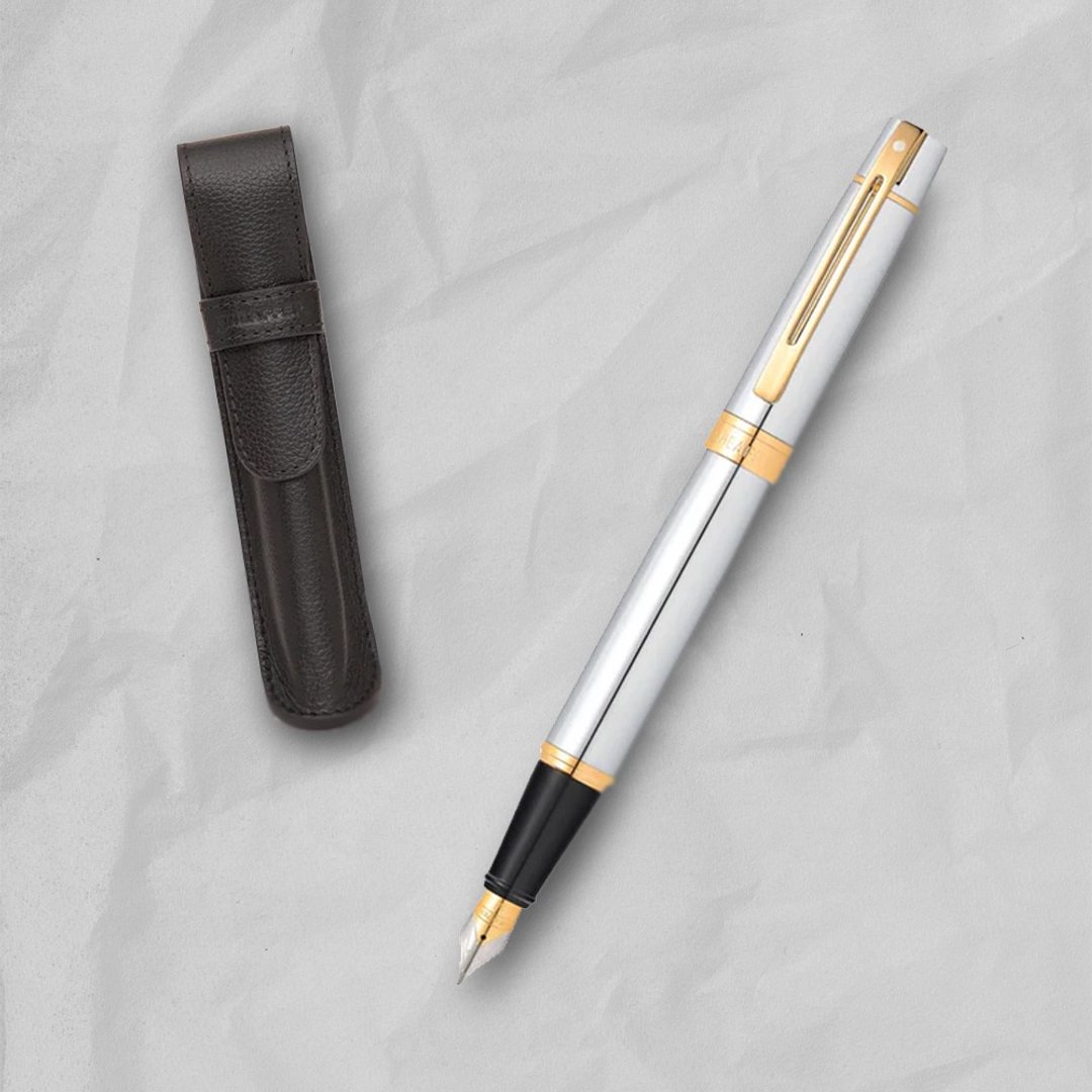 SHEAFFER 300 系列银杆金夹钢笔-F 尖 + 皮革笔袋/手机磁性卡夹礼盒 - 钢笔 - 其他金属 银色