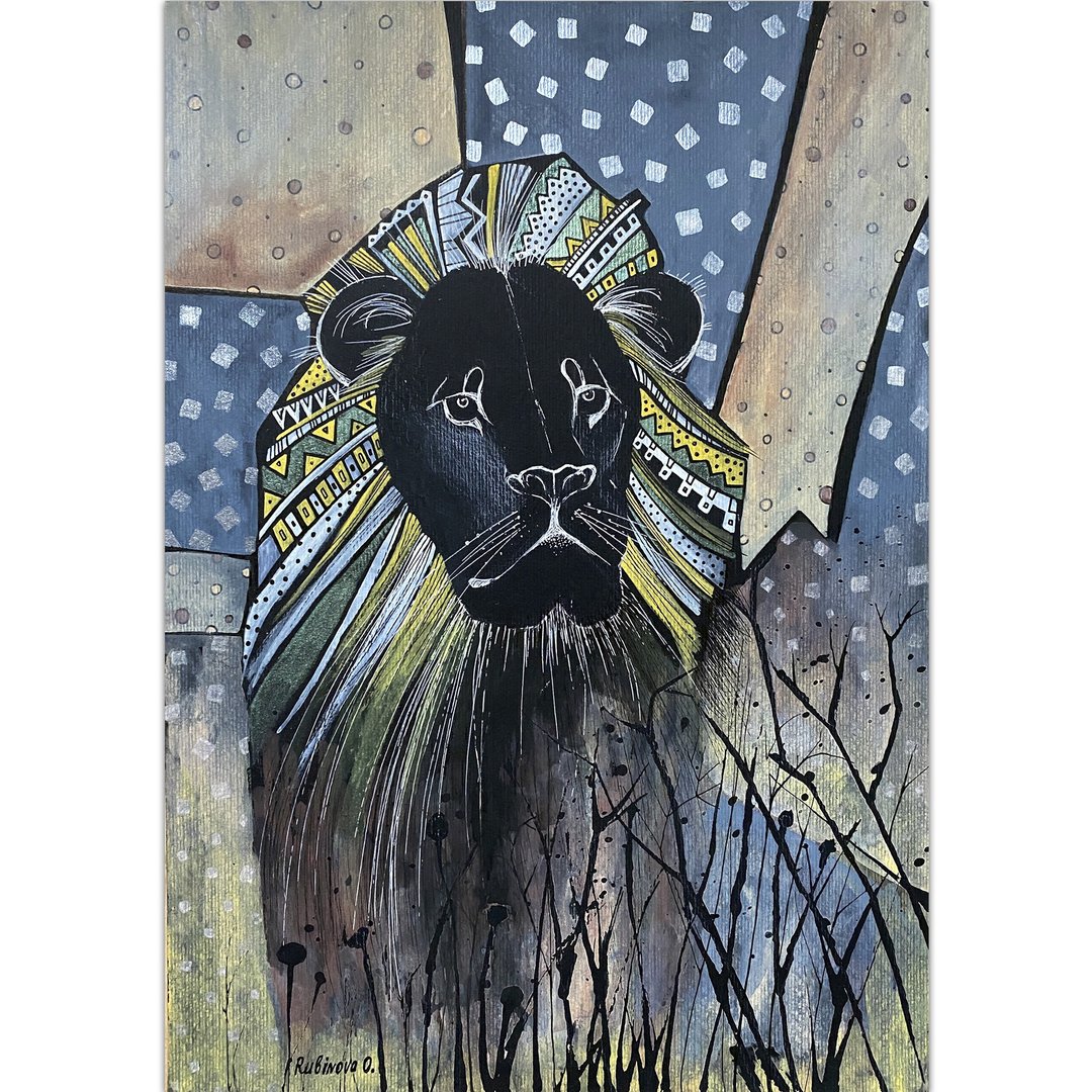 Lion painting Original art Ethnic wall art African artwork Black paper - 海报/装饰画/版画 - 纸 黑色