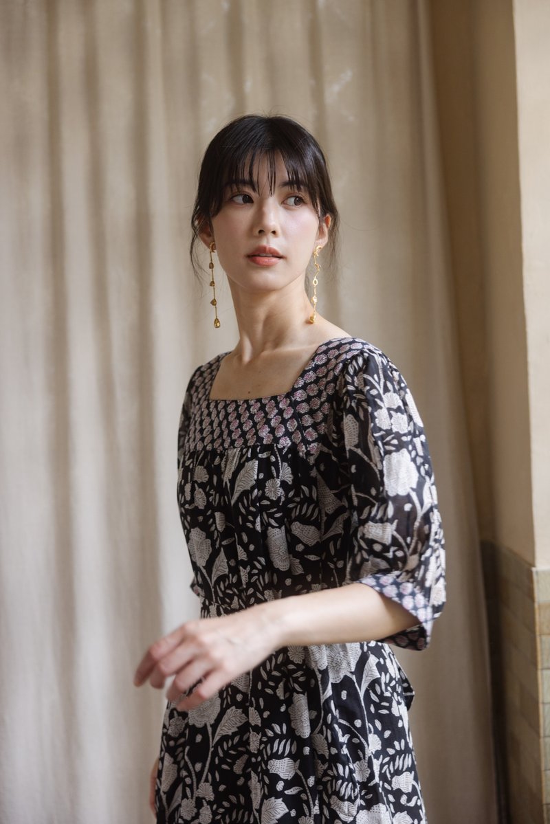 前后方领绑带洋装_黑花 - 洋装/连衣裙 - 棉．麻 黑色