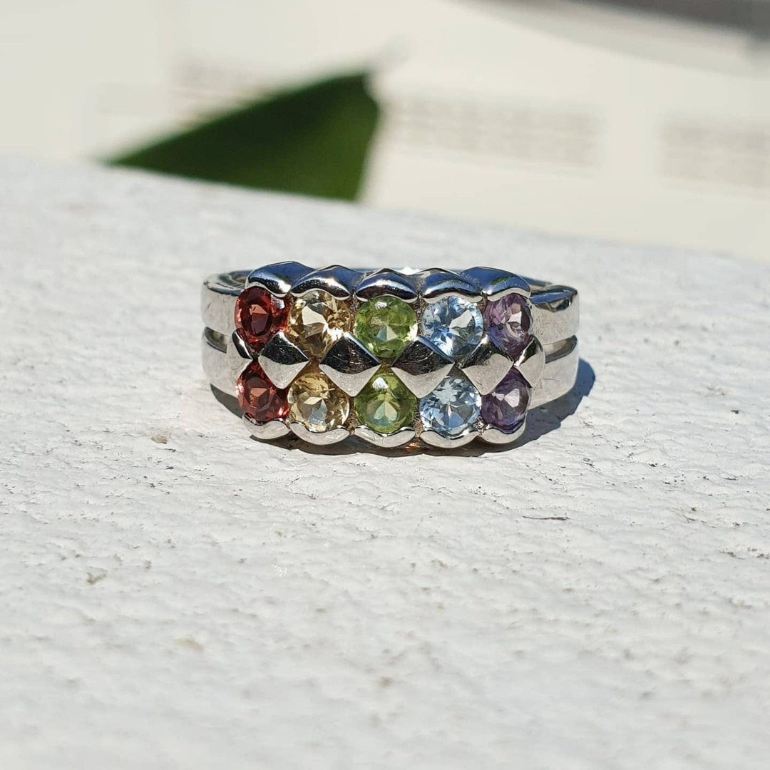 5 color rainbow gemstone ring /Garnet/Citrine/Peridot/Blue topaz/Amethyst Silver - 戒指 - 宝石 多色